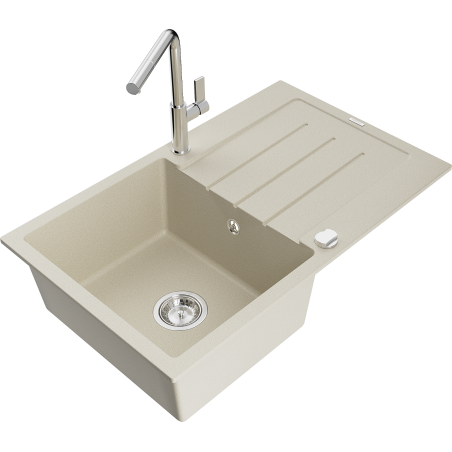 Mexen Bruno granite kitchen sink single-bowl with drainer and Flora kitchen faucet, beige - 6513-69-670401-00