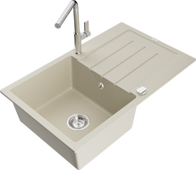 Mexen Bruno granite kitchen sink single-bowl with drainer and Flora kitchen faucet, beige - 6513-69-670401-00