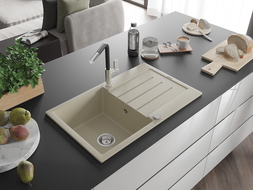 Mexen Bruno 1-bowl granite sink with drainer and Flora kitchen tap, beige - 6513-69-670401-07