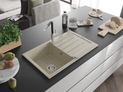 Mexen Bruno 1-compartment granite sink with a drip tray and kitchen mixer tap Flora, Beige - 6513-69-670401-07