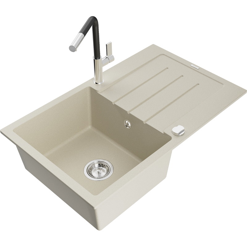 Mexen Bruno 1-Bowl Granite Sink with Drainer and Flora Kitchen Faucet, Beige - 6513-69-670401-07