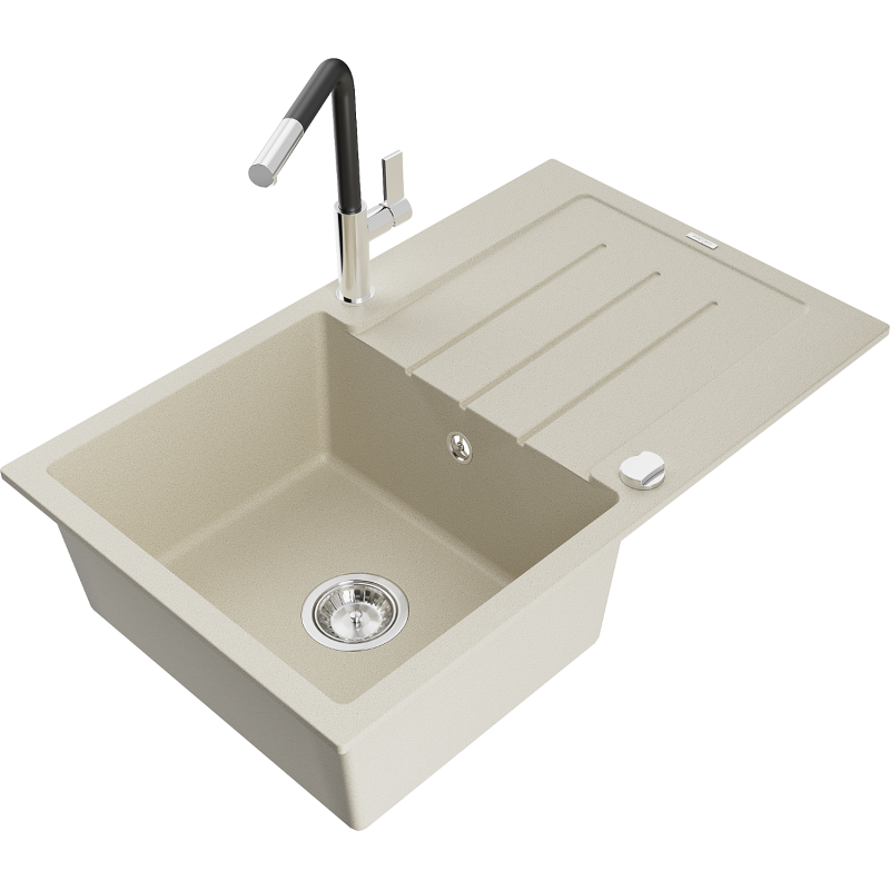Mexen Bruno 1-compartment granite sink with a drip tray and kitchen mixer tap Flora, Beige - 6513-69-670401-07