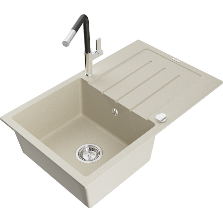 Mexen Bruno 1-Bowl Granite Sink with Drainer and Flora Kitchen Faucet, Beige - 6513-69-670401-07