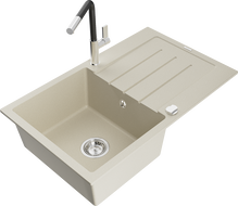 Mexen Bruno single-bowl granite sink with drainer and Flora kitchen faucet, beige - 6513-69-670401-07