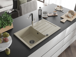 Mexen Bruno 1-compartment granite sink with a drip tray and kitchen mixer tap Flora, Beige - 6513-69-670401-07-B
