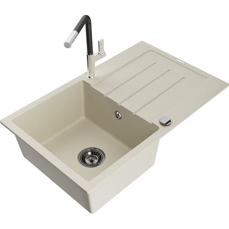 Mexen Bruno granite kitchen sink 1-bowl with drainer and Flora kitchen faucet, beige - 6513-69-670401-07-B