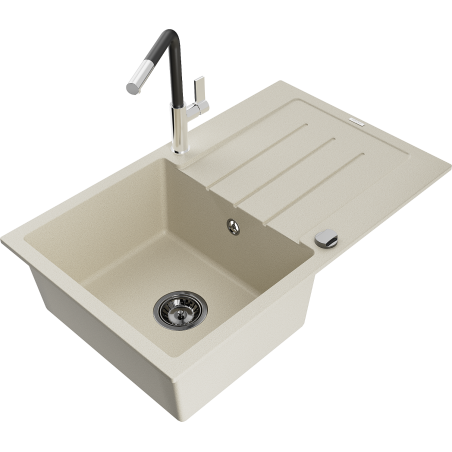 Mexen Bruno granite sink single-bowl with drainer and Flora kitchen faucet, beige - 6513-69-670401-07-B