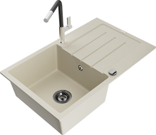 Mexen Bruno granite sink single-bowl with drainer and Flora kitchen faucet, beige - 6513-69-670401-07-B