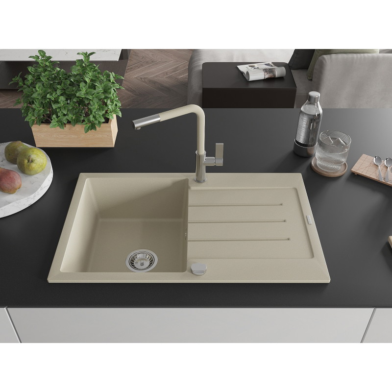 Mexen Bruno 1-bowl granite sink with drainer and Flora kitchen faucet, beige - 6513-69-670401-09