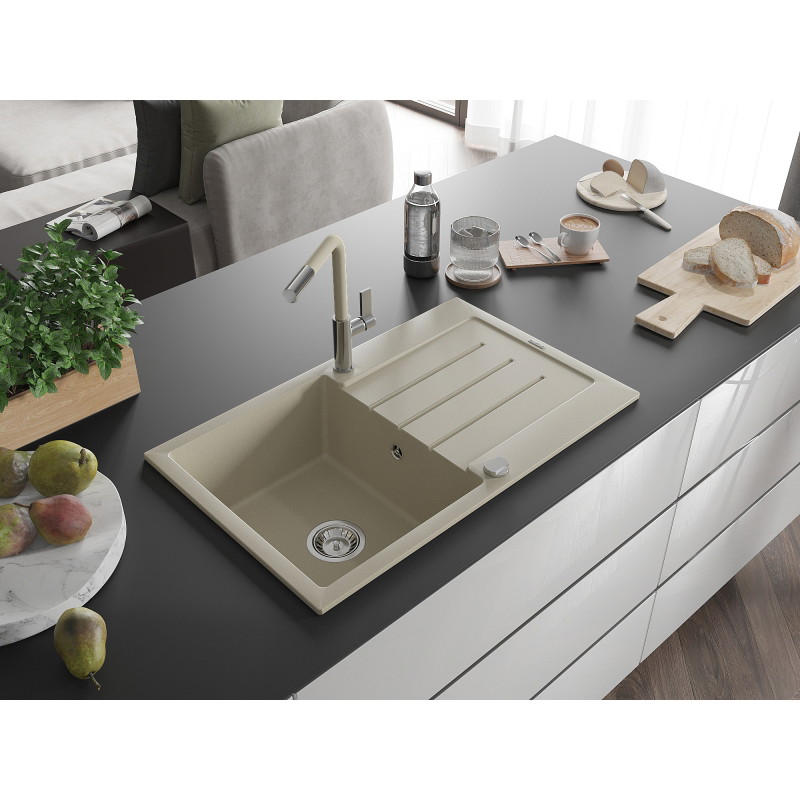 Mexen Bruno 1-bowl granite sink with drainer and Flora kitchen faucet, beige - 6513-69-670401-09