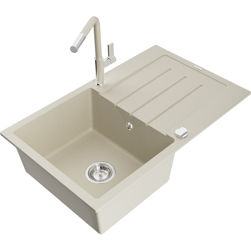 Mexen Bruno 1-bowl granite sink with drainer and Flora kitchen faucet, beige - 6513-69-670401-09