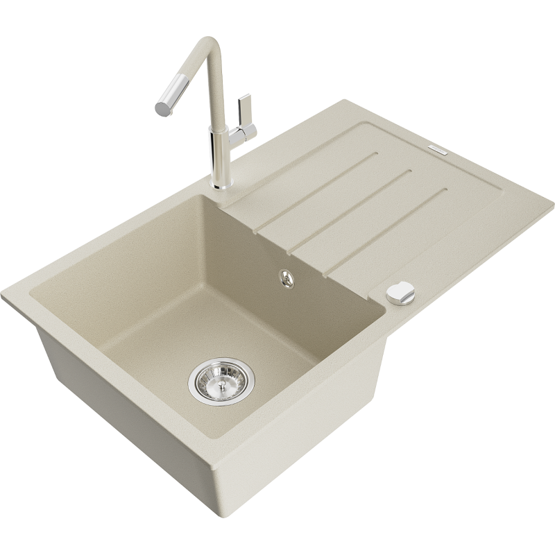 Mexen Bruno 1-bowl granite sink with drainer and Flora kitchen tap, beige - 6513-69-670401-09