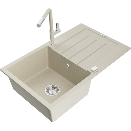 Mexen Bruno 1-bowl granite sink with drainer and Flora kitchen tap, beige - 6513-69-670401-09