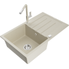 Mexen Bruno 1-bowl granite sink with drainer and Flora kitchen faucet, beige - 6513-69-670401-09