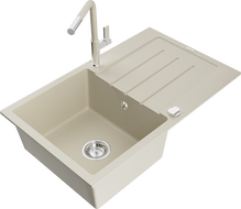 Mexen Bruno 1-bowl granite sink with drainer and Flora kitchen faucet, beige - 6513-69-670401-09