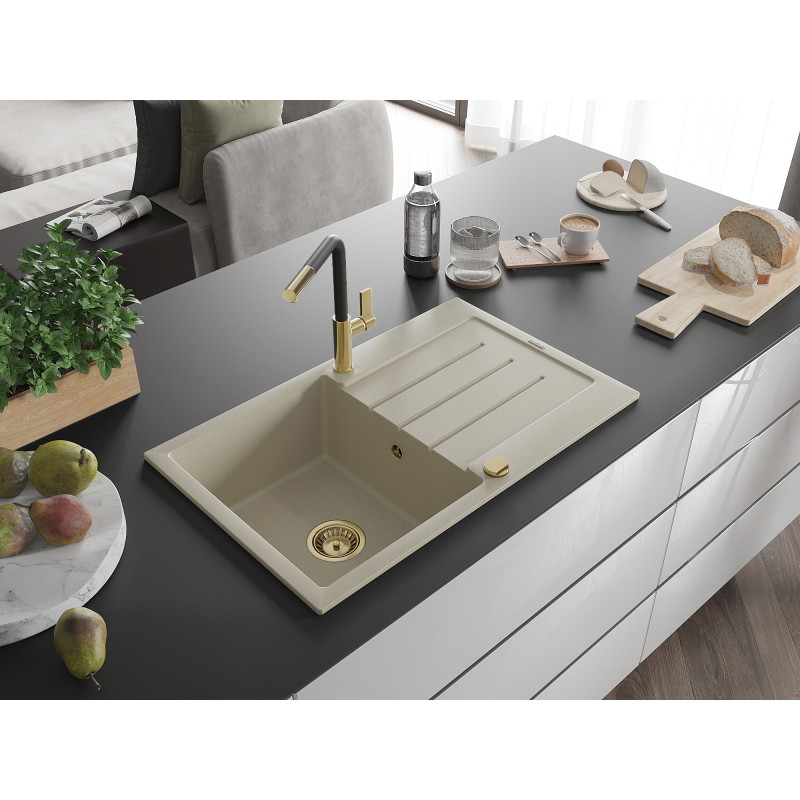 Mexen Bruno granite sink with 1 compartment, drainer, and Flora kitchen faucet, beige - 6513-69-670401-57-G