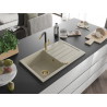 Mexen Bruno granite sink with 1 compartment, drainer, and Flora kitchen faucet, beige - 6513-69-670401-57-G