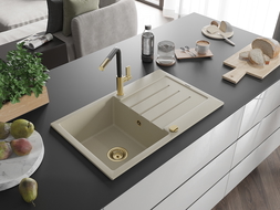 Mexen Bruno 1-compartment granite sink with a drip tray and kitchen mixer tap Flora, Beige - 6513-69-670401-57-G