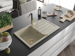 Mexen Bruno granite sink with 1 compartment, drainer, and Flora kitchen faucet, beige - 6513-69-670401-57-G