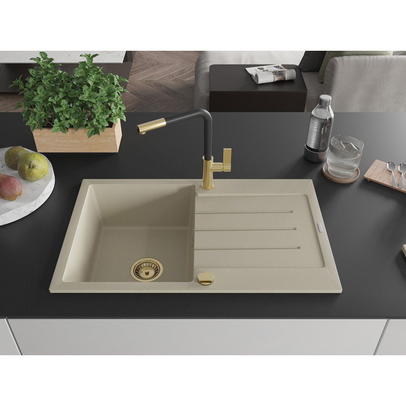 Mexen Bruno granite sink 1-bowl with drainer and kitchen faucet Flora, beige - 6513-69-670401-57-G