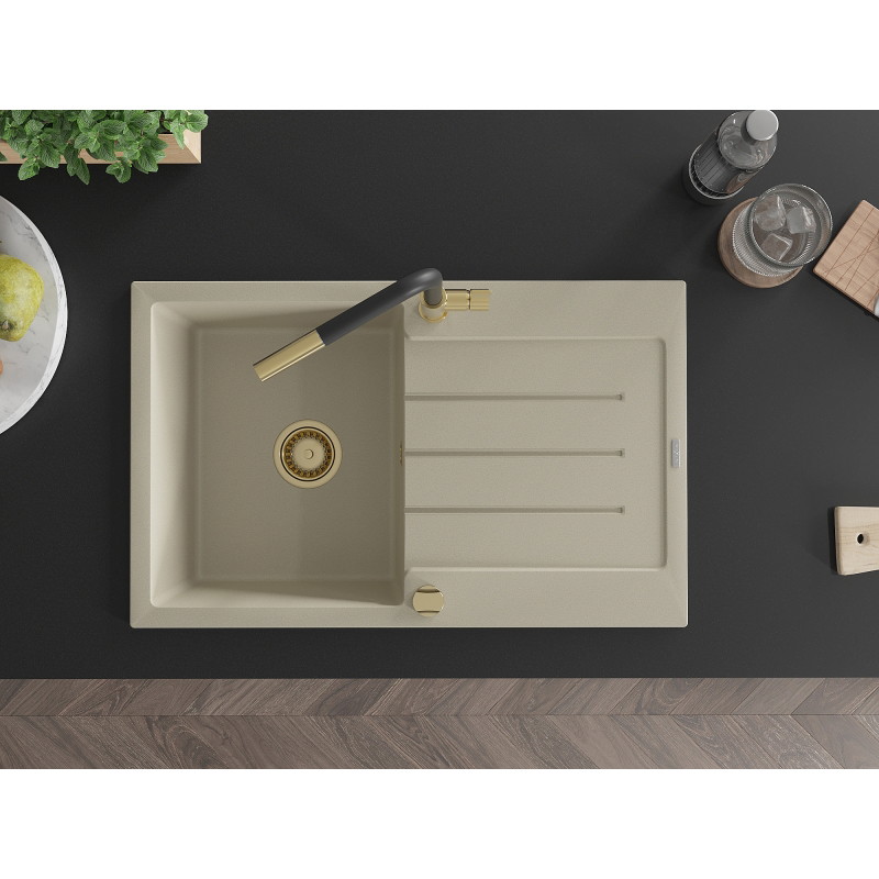 Mexen Bruno granite sink 1-bowl with drainer and kitchen faucet Flora, beige - 6513-69-670401-57-G