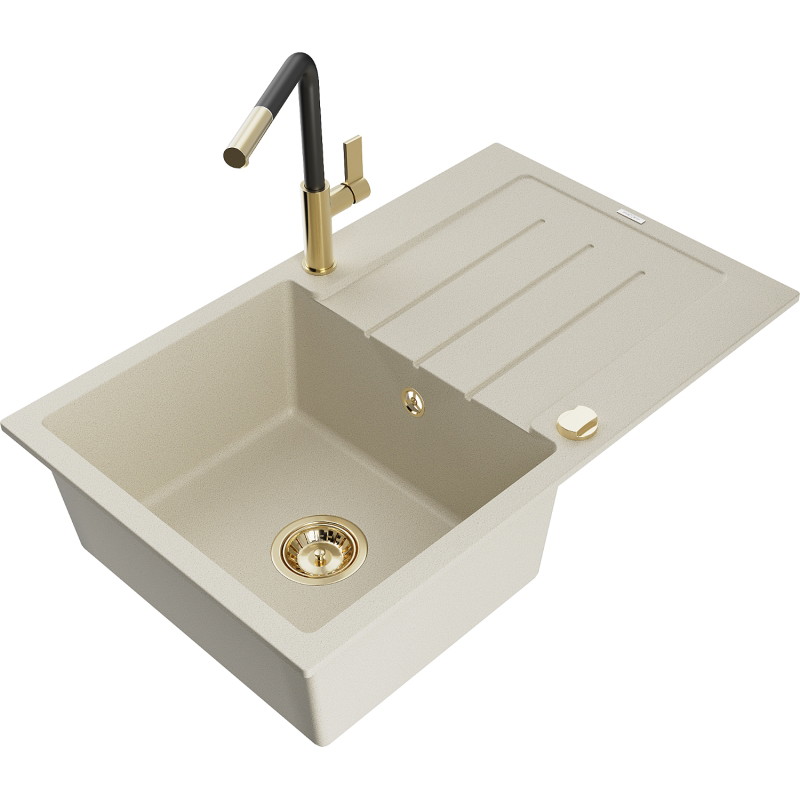 Mexen Bruno granite sink with 1 compartment, drainer, and Flora kitchen faucet, beige - 6513-69-670401-57-G