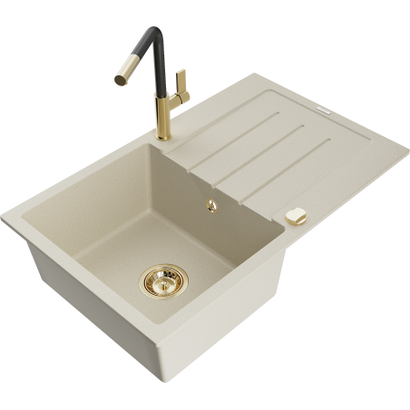 Mexen Bruno granite sink 1-bowl with drainer and kitchen faucet Flora, beige - 6513-69-670401-57-G