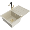Mexen Bruno granite sink with 1 compartment, drainer, and Flora kitchen faucet, beige - 6513-69-670401-57-G