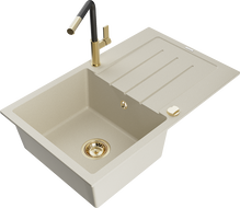 Mexen Bruno granite sink with 1 compartment, drainer, and Flora kitchen faucet, beige - 6513-69-670401-57-G