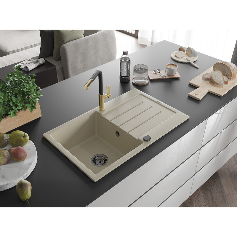 Mexen Bruno granite kitchen sink with one bowl, drainer, and Flora kitchen faucet, beige - 6513-69-670401-57-B