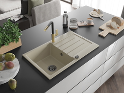 Mexen Bruno 1-compartment granite sink with a drip tray and kitchen mixer tap Flora, Beige - 6513-69-670401-57-B
