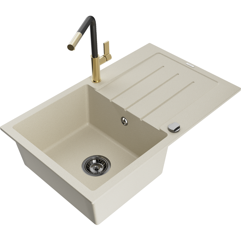 Mexen Bruno 1-compartment granite sink with a drip tray and kitchen mixer tap Flora, Beige - 6513-69-670401-57-B