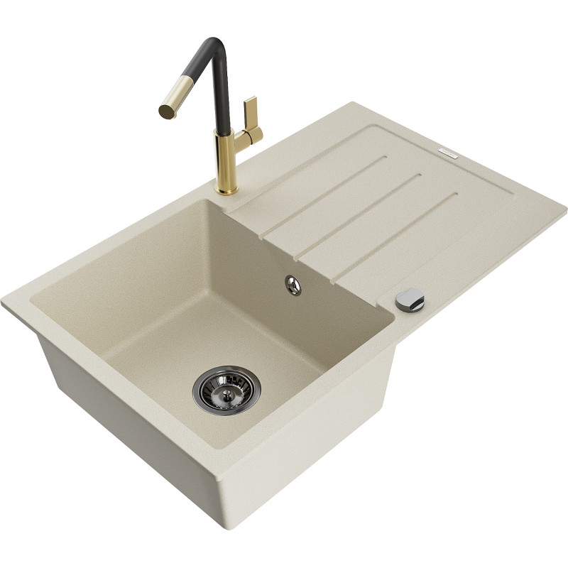 Mexen Bruno granite kitchen sink with one bowl, drainer, and Flora kitchen faucet, beige - 6513-69-670401-57-B