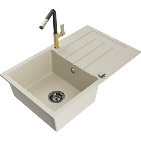 Mexen Bruno granite kitchen sink 1-bowl with drainer and Flora kitchen faucet, beige - 6513-69-670401-57-B