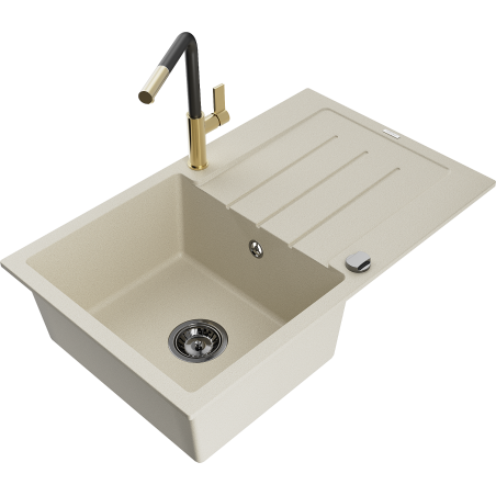 Mexen Bruno granite sink 1-bowl with drainer and Flora kitchen tap, beige - 6513-69-670401-57-B