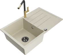 Mexen Bruno granite kitchen sink with one bowl, drainer, and Flora kitchen faucet, beige - 6513-69-670401-57-B