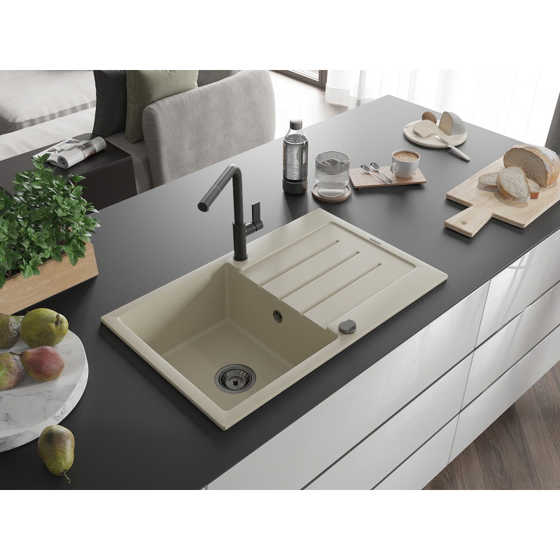 Mexen Bruno 1-bowl granite sink with drainer and Flora kitchen faucet, beige - 6513-69-670401-70-B