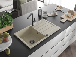 Mexen Bruno 1-bowl granite sink with drainer and Flora kitchen tap, beige - 6513-69-670401-70-B