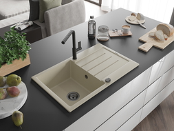 Mexen Bruno 1-compartment granite sink with a drip tray and kitchen mixer tap Flora, Beige - 6513-69-670401-70-B