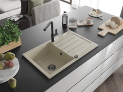 Mexen Bruno granite kitchen sink 1-bowl with drainer and kitchen faucet Flora, beige - 6513-69-670401-70-B