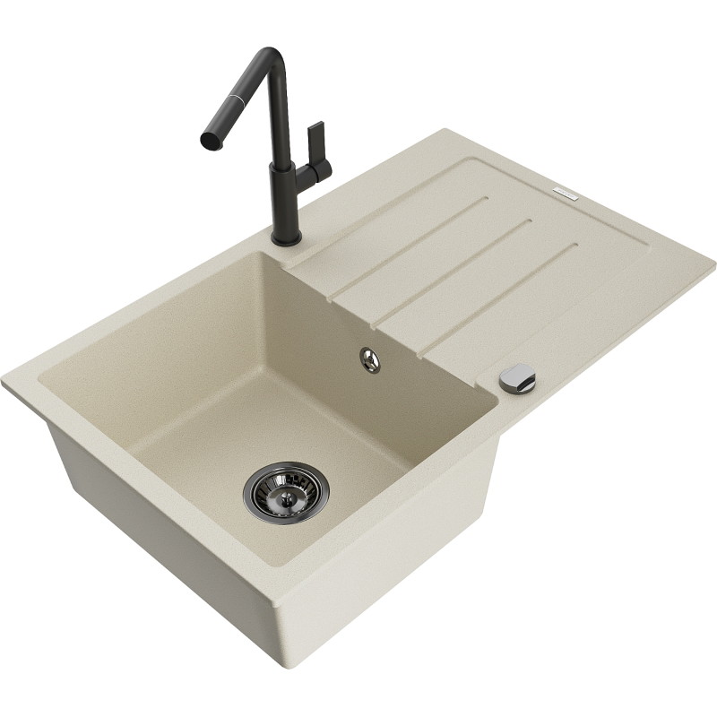 Mexen Bruno 1-bowl granite sink with drainer and Flora kitchen faucet, beige - 6513-69-670401-70-B