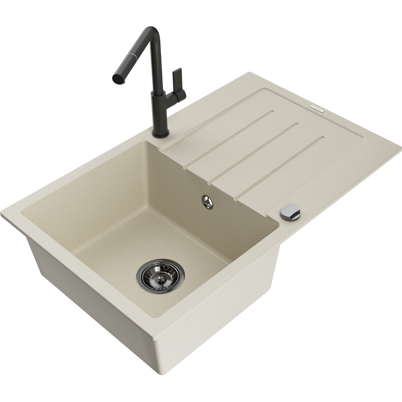 Mexen Bruno 1-compartment granite sink with a drip tray and kitchen mixer tap Flora, Beige - 6513-69-670401-70-B