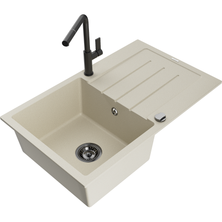 Mexen Bruno 1-bowl granite sink with drainer and Flora kitchen faucet, beige - 6513-69-670401-70-B