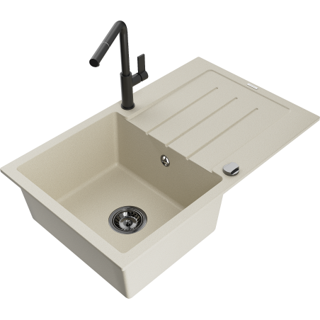 Mexen Bruno 1-bowl granite sink with drainer and Flora kitchen tap, beige - 6513-69-670401-70-B
