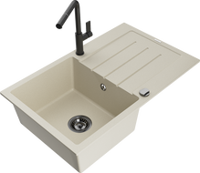 Mexen Bruno 1-compartment granite sink with a drip tray and kitchen mixer tap Flora, Beige - 6513-69-670401-70-B