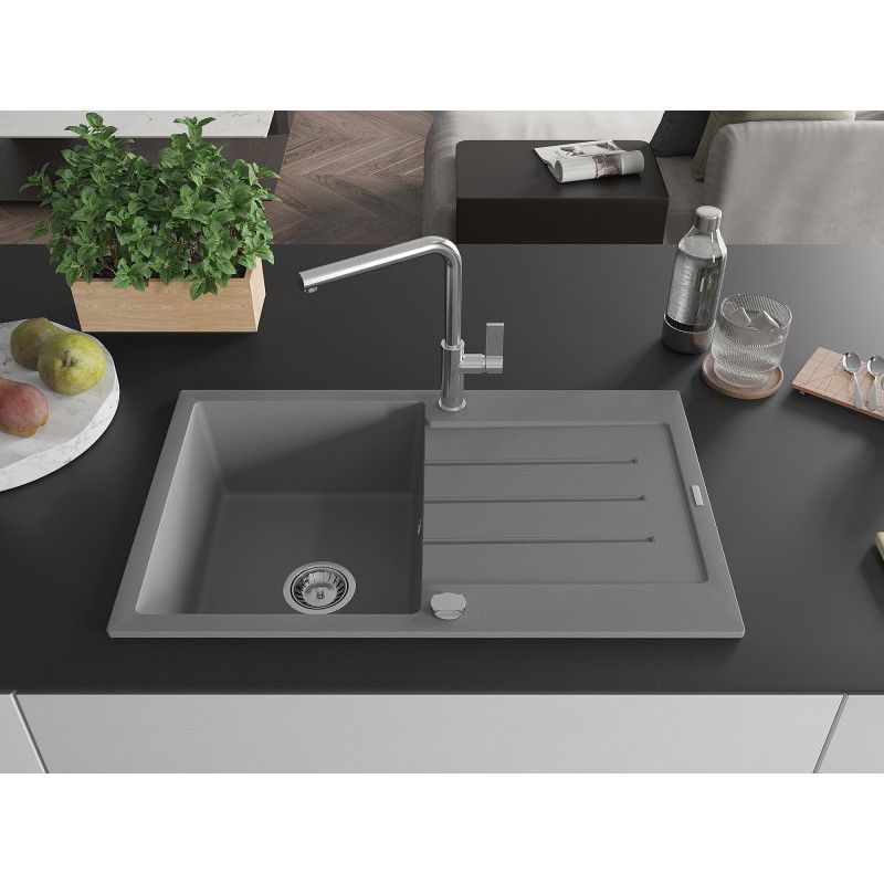 Mexen Bruno 1-bowl granite sink with drainer and Flora kitchen tap, grey - 6513-71-670401-00
