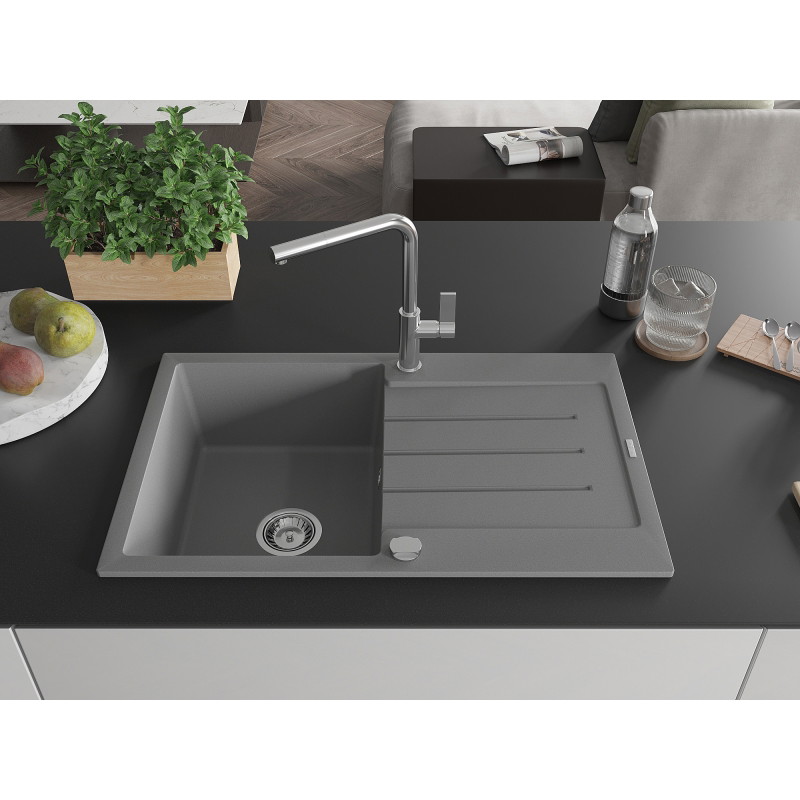 Mexen Bruno granite kitchen sink 1-bowl with drainer and Flora kitchen faucet, gray - 6513-71-670401-00