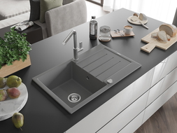 Mexen Bruno 1-compartment granite sink with a drip tray and kitchen mixer tap Flora, Grey - 6513-71-670401-00