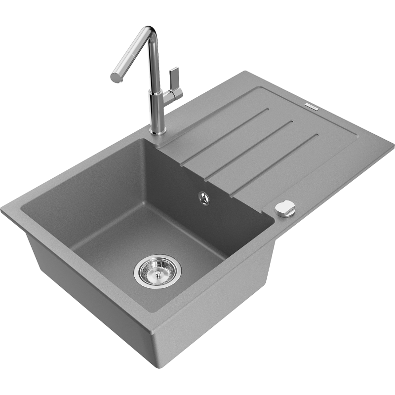 Mexen Bruno 1-bowl granite sink with drainer and Flora kitchen tap, grey - 6513-71-670401-00