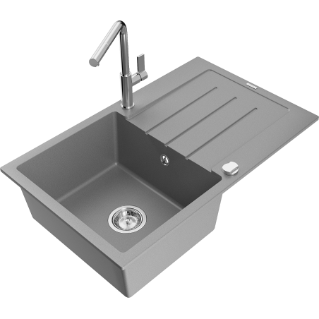Mexen Bruno 1-bowl granite sink with drainer and Flora kitchen tap, grey - 6513-71-670401-00